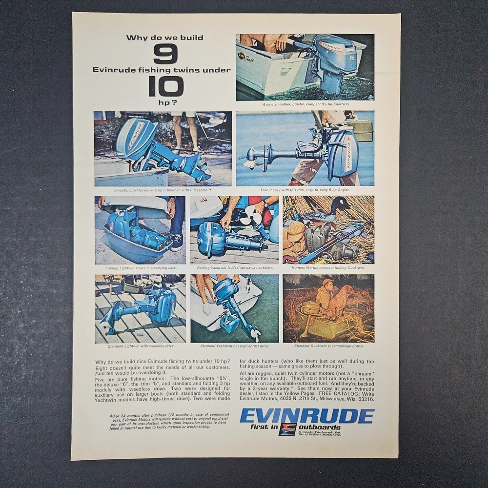 1966 Evinrude Outboard Marine Boat Motors Vintage Print Ad Fishing Twin Hunting